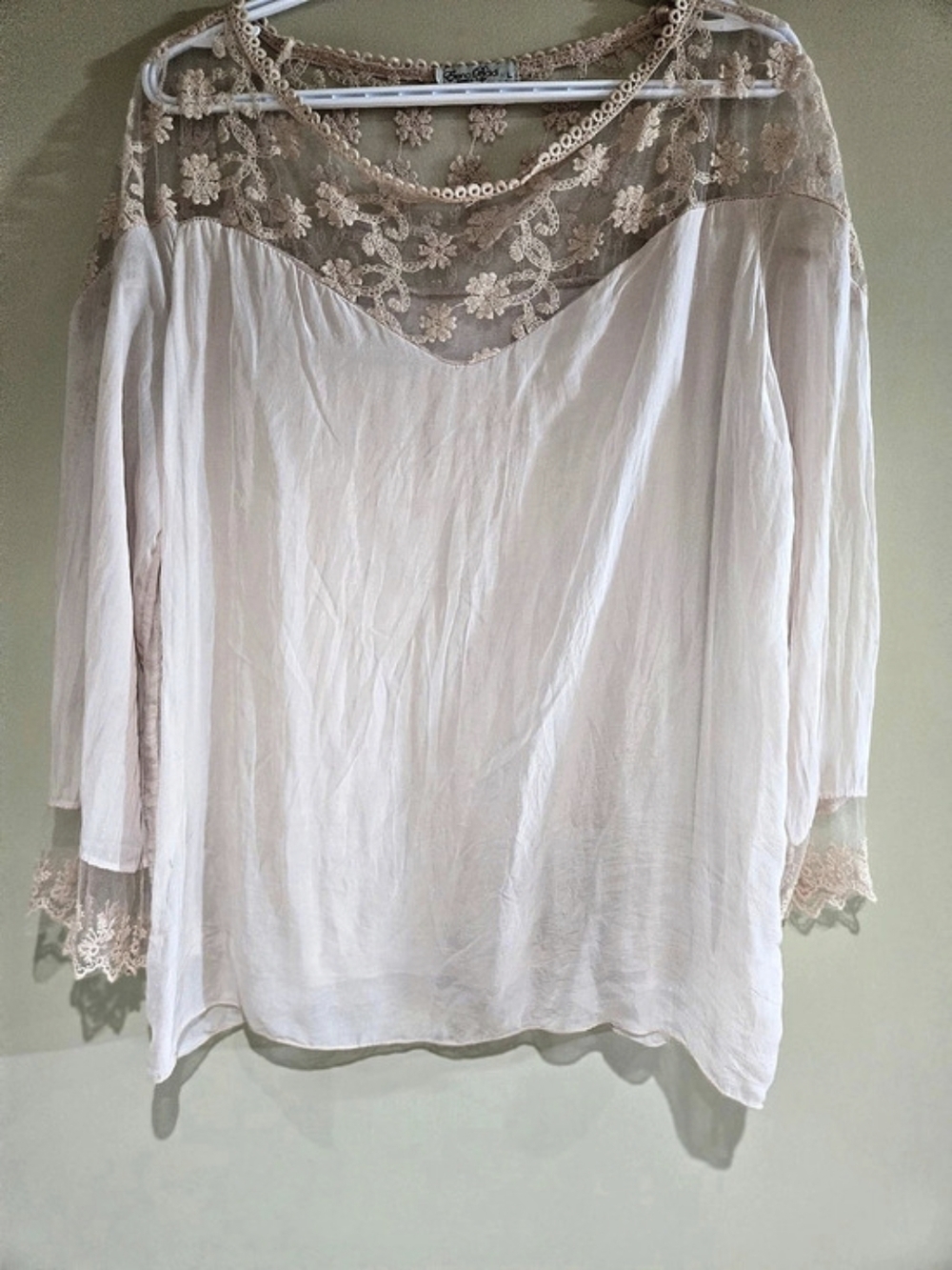 Elena Baidi Made In Italy Silk Blouse Size L Blush Pink Floral Lace Trim Top